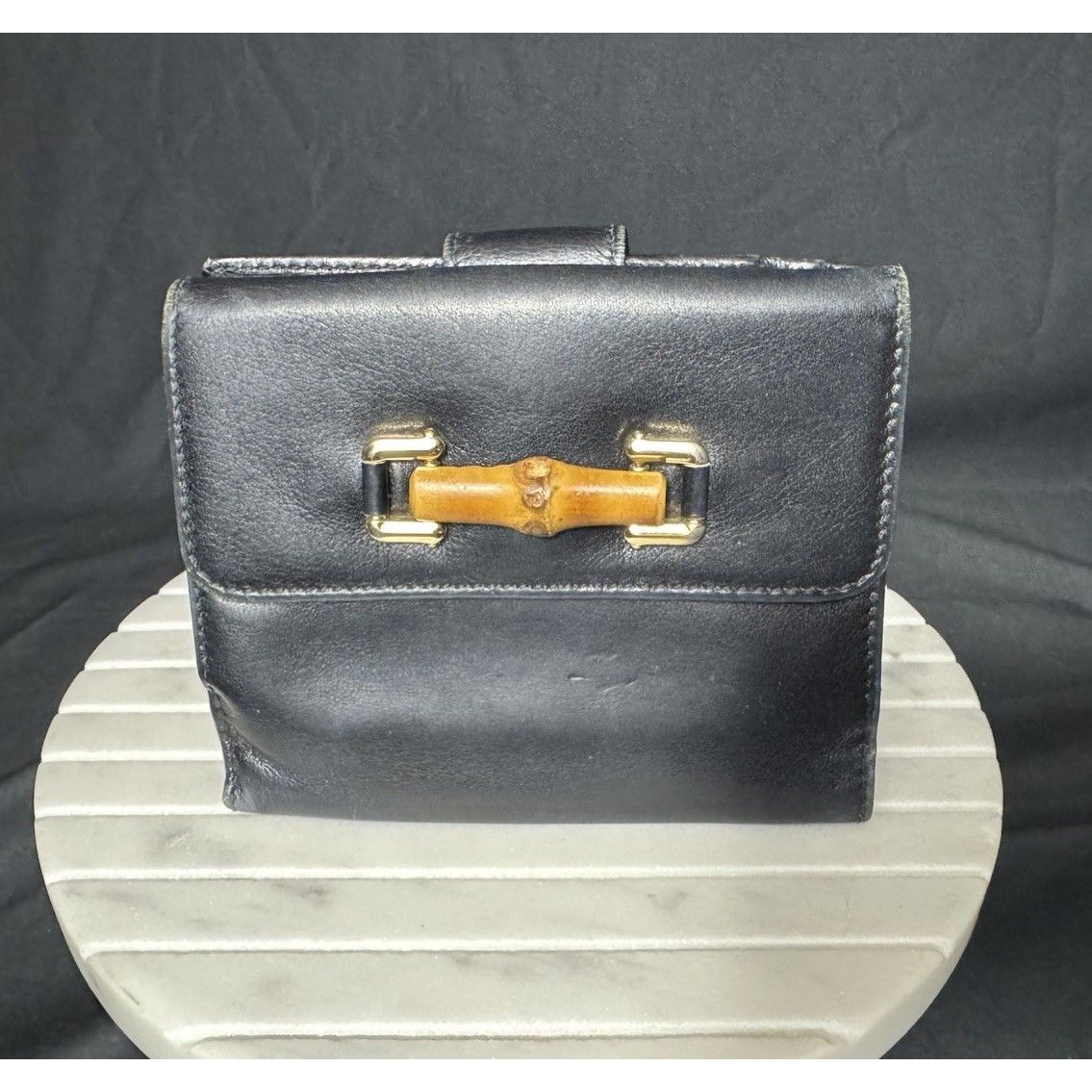 Gucci Bamboo Leather Wallet Bifold Black Vintage Genuine Authentic Luxury